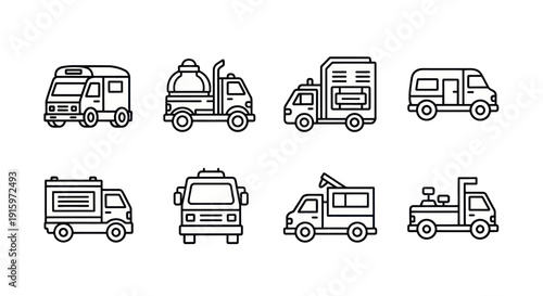 Set of black outline delivery and service trucks icons including tanker, food truck, and van for logistics and transportation design