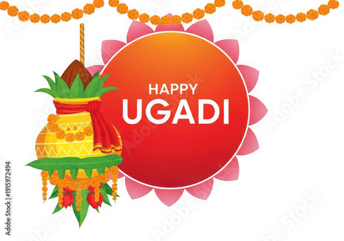 Happy Ugadi Festive Background with Decorated Kalash and Flowers