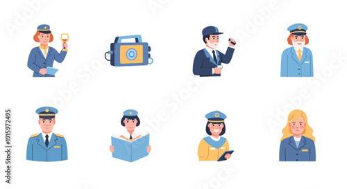 Set of cartoon ship crew members and maritime equipment including captain, officer, stewardess, and radio for nautical and shipping industry concepts