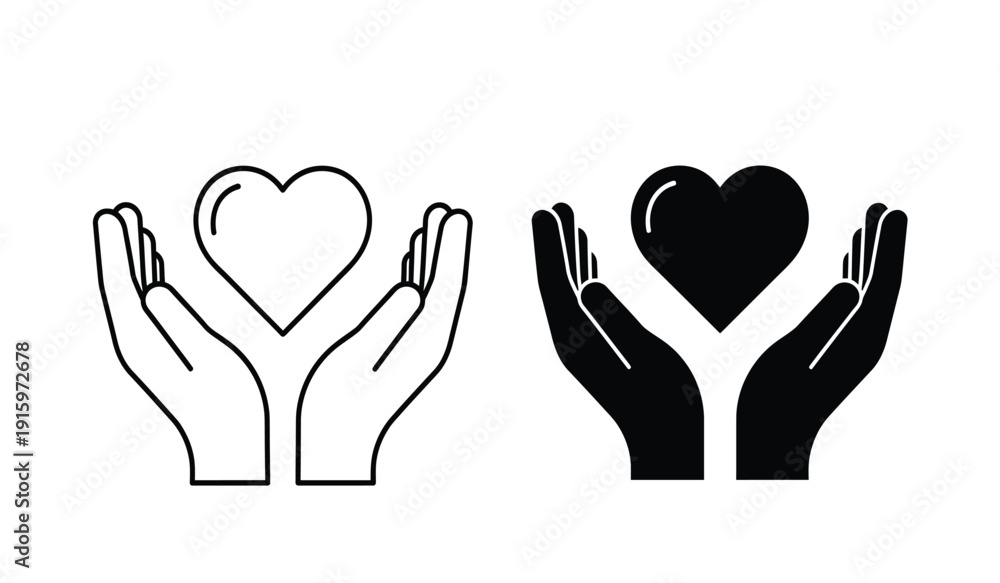 Fototapeta premium Vector illustration of hands holding hearts in black and white