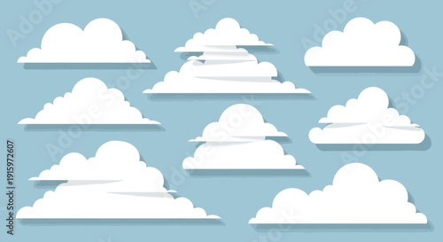 Set of Various White Cumulus Clouds on a Blue Sky Background