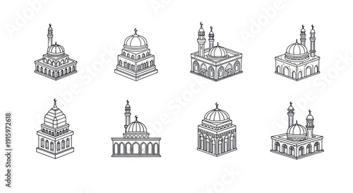 Set of hand-drawn mosque illustrations with domes and minarets, Islamic architecture vector icons perfect for religious and cultural design projects