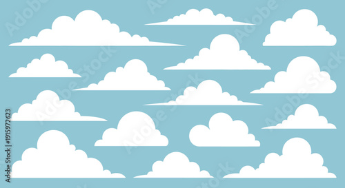 Collection of White Fluffy Clouds on a Clear Blue Sky Background - Vector Illustration