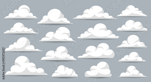 Set of Various Cartoon Clouds on Gray Background, Sky Elements
