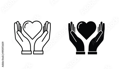 Black and white hand holding heart icons in line art and solid style for love and care concepts