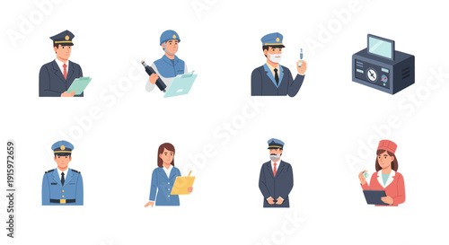 Set of professional people in uniforms holding documents and equipment with machinery, vector illustration for workplace or job concept