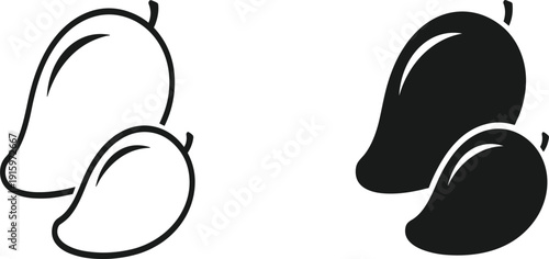 Minimalist black and white mango icons featuring both line art outline and solid black silhouette styles isolated on white background for fruit branding.