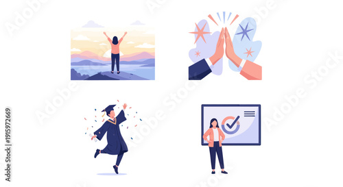 Set of success and achievement concept illustrations including woman celebrating on mountain, high five, graduate jumping with diploma, and confident businesswoman with chart