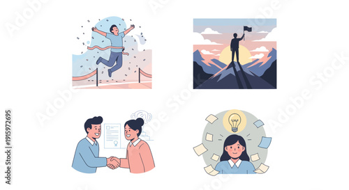Success and achievement concepts set with winner crossing finish line, mountain climber with flag, business handshake, and creative idea moment, ideal for motivation and teamwork