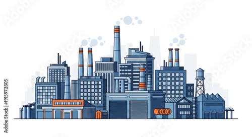 Modern industrial factory complex with multiple buildings and smokestacks.