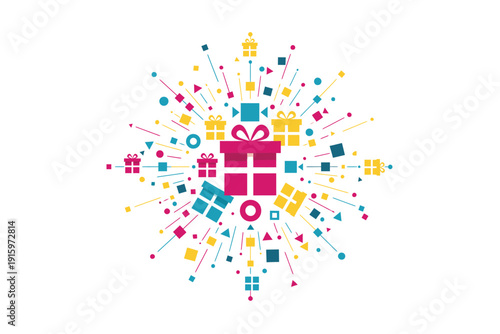 Gift Box Exploding in Vibrant Colors with Dynamic Shapes and Lines in Modern Flat Design for Celebration