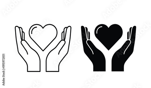 Black and white hand holding heart icons in line art and solid style for love and care concepts