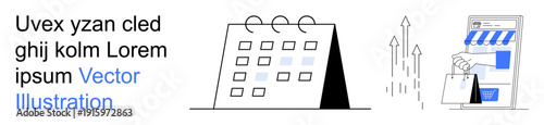 Business planning, ecommerce, sales growth, goals tracking, retail strategies, market analysis. Minimalist design showing a calendar, upward arrows and a shopping scene. Business planning