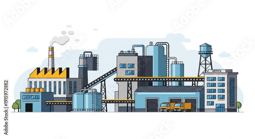 Modern industrial factory complex with multiple buildings and smokestacks.