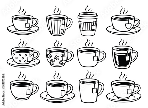 Hand drawn line art tea cups set featuring different styles of steaming mugs with tea bags for hot beverage menus