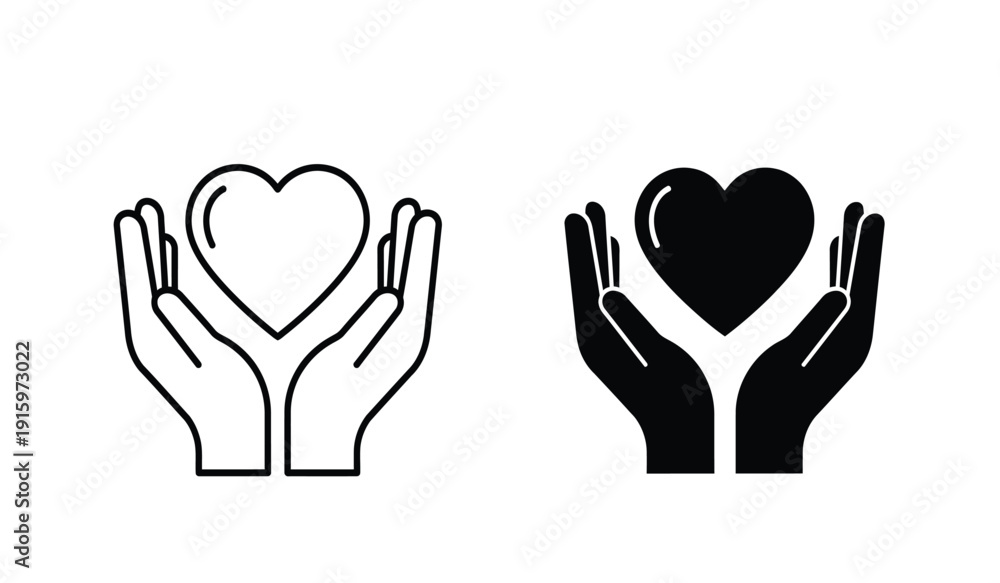 Fototapeta premium Black and white hand holding heart icons in line art and solid style for love and care concepts