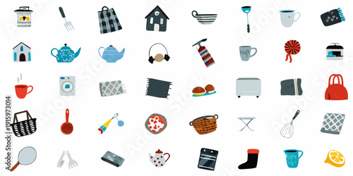 Collection of colorful flat design icons representing household objects and food