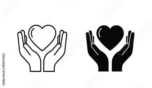 Black and white hand holding heart icons in line art and solid style for love and care concepts
