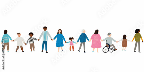 Diverse group of people holding hands in a line representing unity