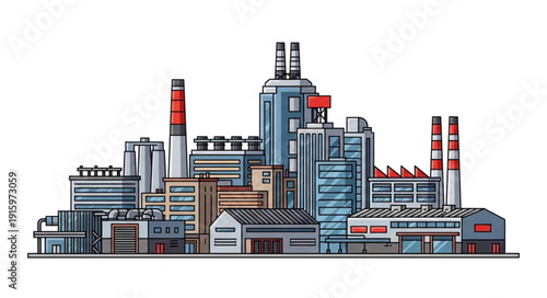 Modern industrial factory complex with multiple buildings and smokestacks.