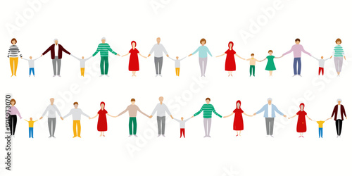 Diverse group of people holding hands in two lines symbolizing unity