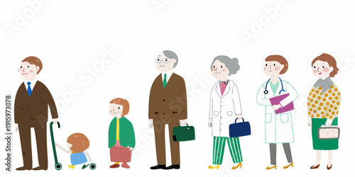 A diverse group of people including children and seniors stand in a line