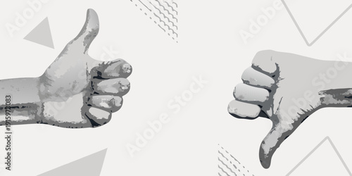 Thumbs up and thumbs down hands against a geometric background