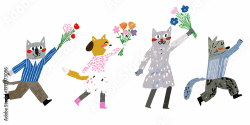 Adorable animals joyfully raise colorful bouquets of flowers in a playful scene