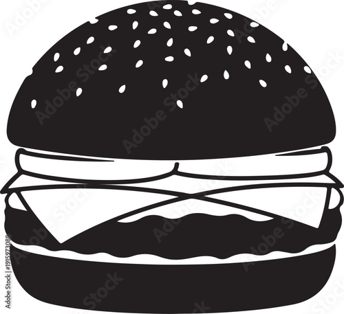 Black and white of a hamburger with sesame seed bun food sandwich