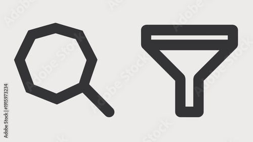 Black magnifying glass and funnel on white background search