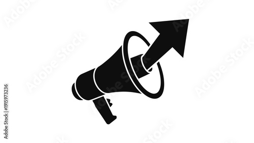 Black megaphone with an upward arrow emerging from it on a white background