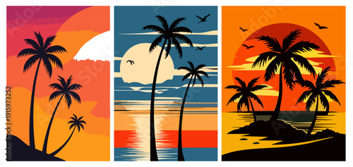 Set of three tropical sunset posters. Retro flat vector illustration of palm trees, ocean beach, and birds at dusk
