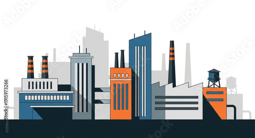 Modern industrial factory buildings with smokestacks and towers.