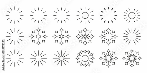 Collection of stylized sun and snowflake line art icons in black and white