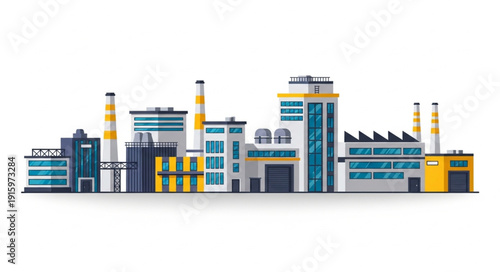 Modern industrial factory buildings with smokestacks and windows.