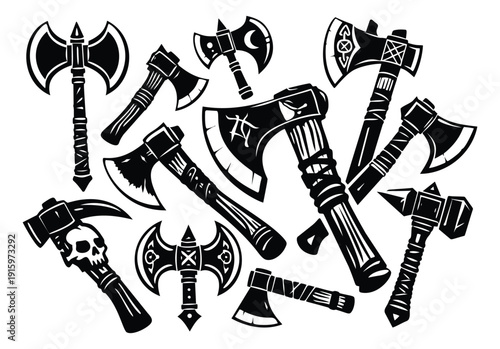 Graphic axes set featuring various ancient and fantasy weapon designs for gaming and historical themes