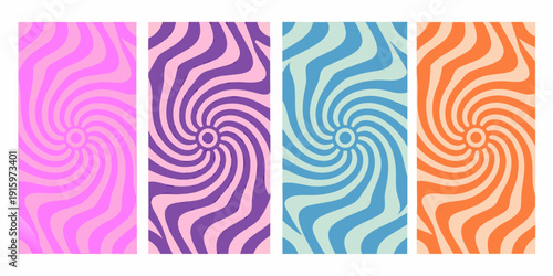 Four vibrant vertically oriented panels with swirling hypnotic patterns
