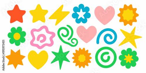 Colorful collection of whimsical cartoon shapes and floral designs