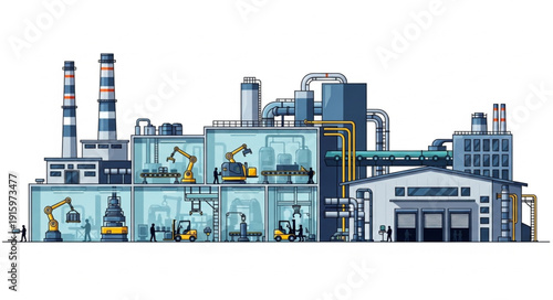 Modern industrial factory complex with automated machinery and smokestacks.