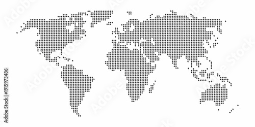 A dotted world map illustration continents and oceans are represented