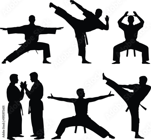Karate martial arts silhouettes set with fighters training, kicking and sparring poses, combat sport vector illustration isolated on white background