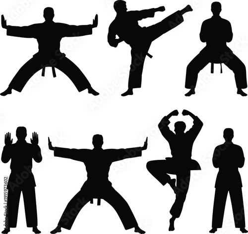 Karate martial arts silhouettes set with fighters performing blocks, kicks and stances, isolated vector illustration for self defense training design on white background
