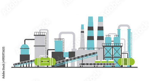 Modern industrial factory complex with chimneys and conveyor belts.