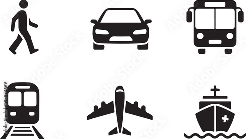 transportation icons collection pedestrian car bus train airplane ship