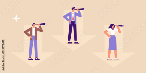 Three people looking through telescopes focused on a future direction