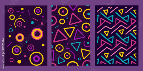 Abstract geometric patterns in vibrant neon colors on a dark background