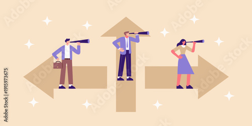 People looking through telescopes at directional arrows representing choices