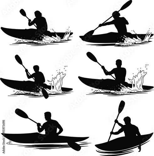 Kayak paddling silhouettes with splashing water, extreme sport collection, black vector illustration isolated for outdoor adventure branding