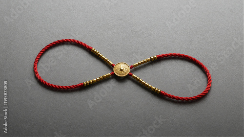 A red braided cord bracelet with gold beads and an ornate circular medallion rests on a dark gray textured surface, forming an infinity symbol shape.