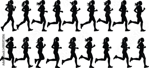 Running woman silhouettes fitness jogging sequence, female athlete motion cycle, healthy lifestyle sport concept isolated white background vector illustration design